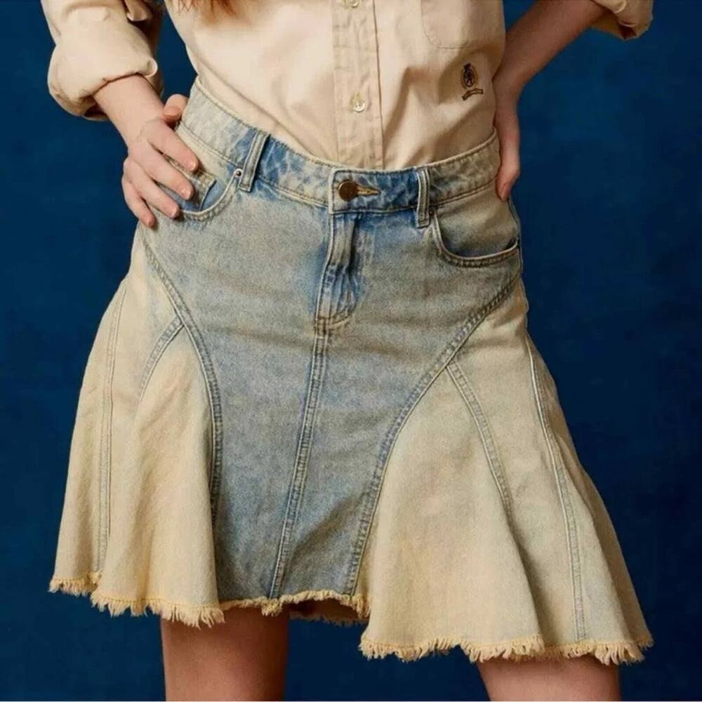 Urban Outfitters BDG Reagan Spliced Denim Mini Skirt Raw Hem MED